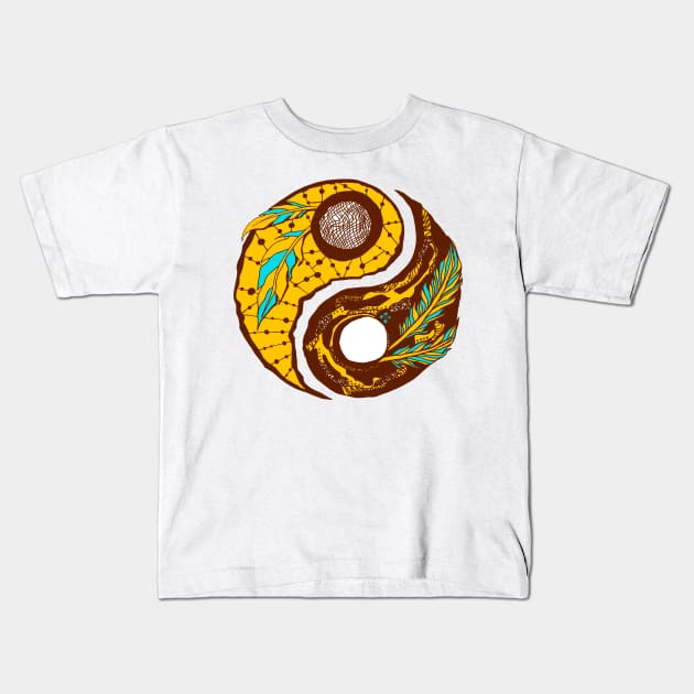 Mustard Brown Feathers Yin Yang Kids T-Shirt by kenallouis